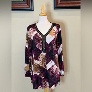 NY Collection | NWT Size 1X V-Neck Patchwork Blouse-Embellished Neckline